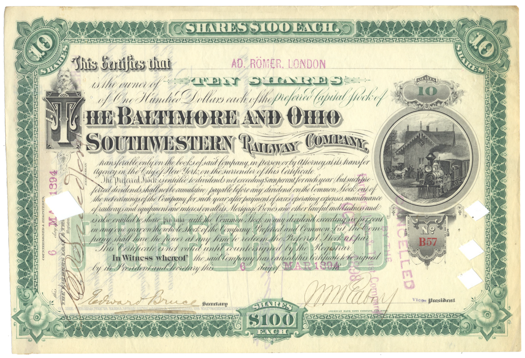 Baltimore and Ohio Southwestern Railway Company Stock Certificate