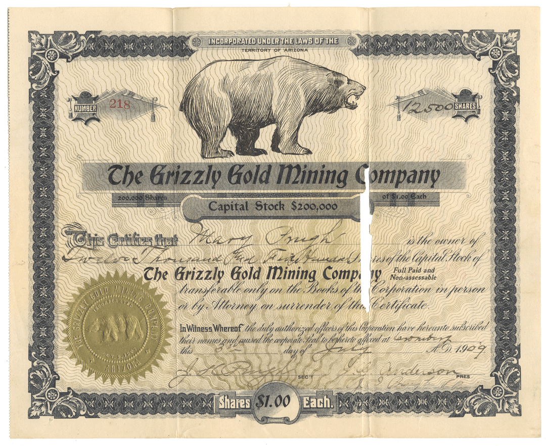 Stock certificate for The Grizzly Gold Mining Company with a bear illustration