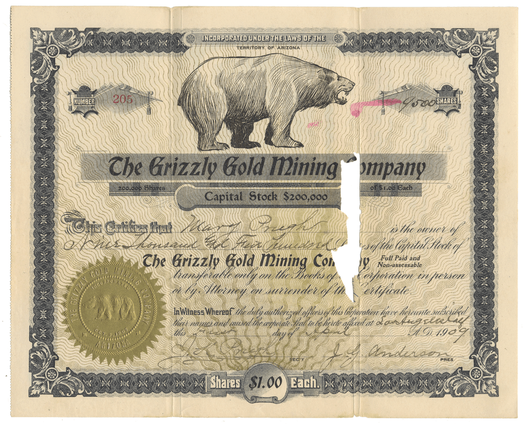 Vintage stock certificate for The Grizzly Gold Mining Company with a bear illustration.