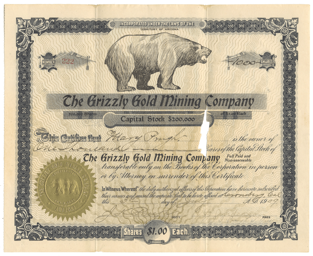Vintage stock certificate for The Grizzly Gold Mining Company with a bear illustration.