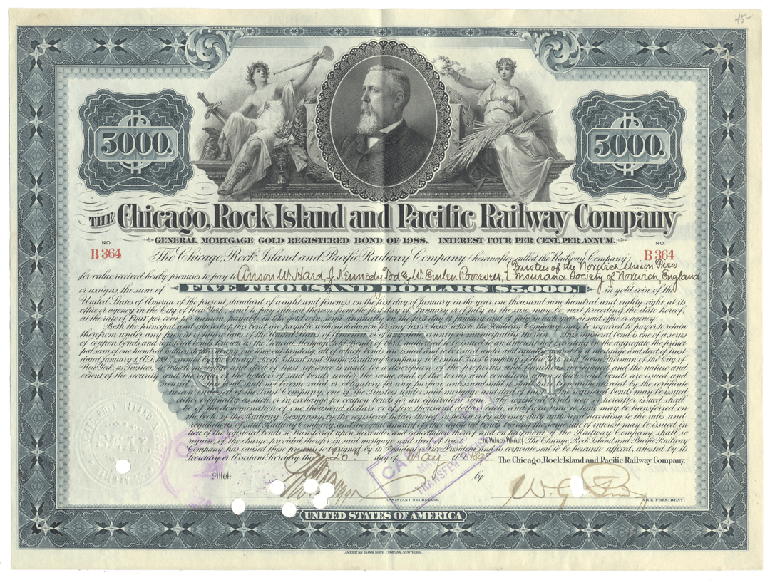 Historical bond certificate for the Chicago, Rock Island and Pacific Railway Company with decorative elements and portrait.