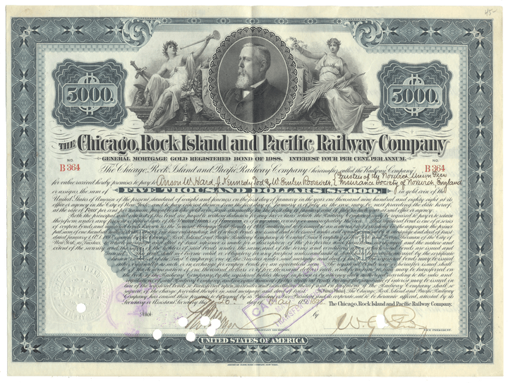 Historical bond certificate for the Chicago, Rock Island and Pacific Railway Company with decorative elements and portrait.