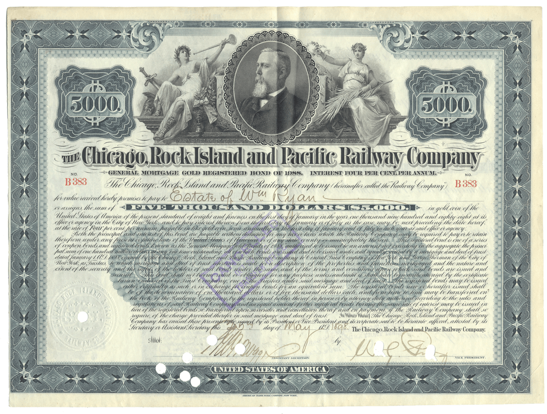 Historical bond certificate of the Chicago, Rock Island and Pacific Railway Company with decorative elements and portrait.