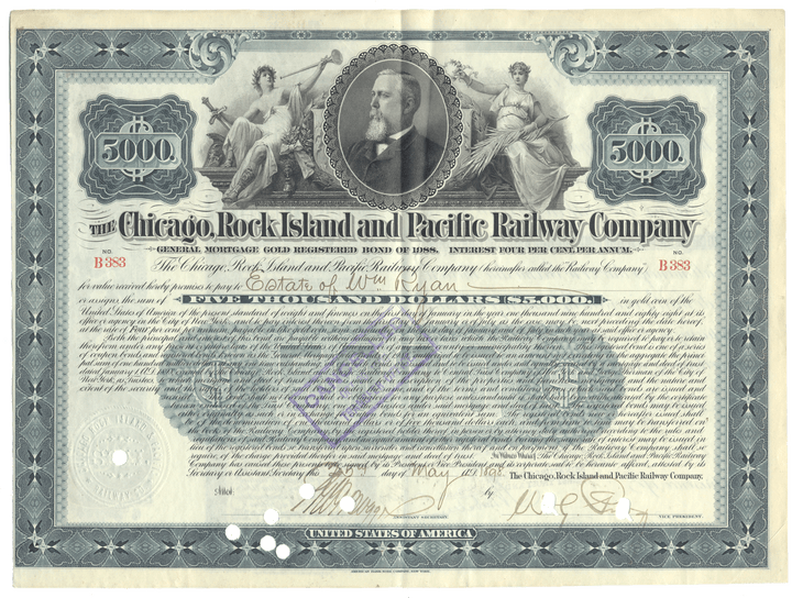 Historical bond certificate of the Chicago, Rock Island and Pacific Railway Company with decorative elements and portrait.