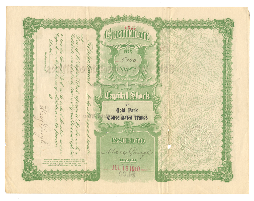 Gold Park Consolidated Mines Stock Certificate