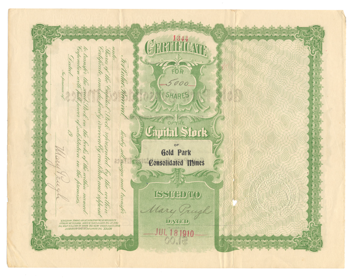 Gold Park Consolidated Mines Stock Certificate