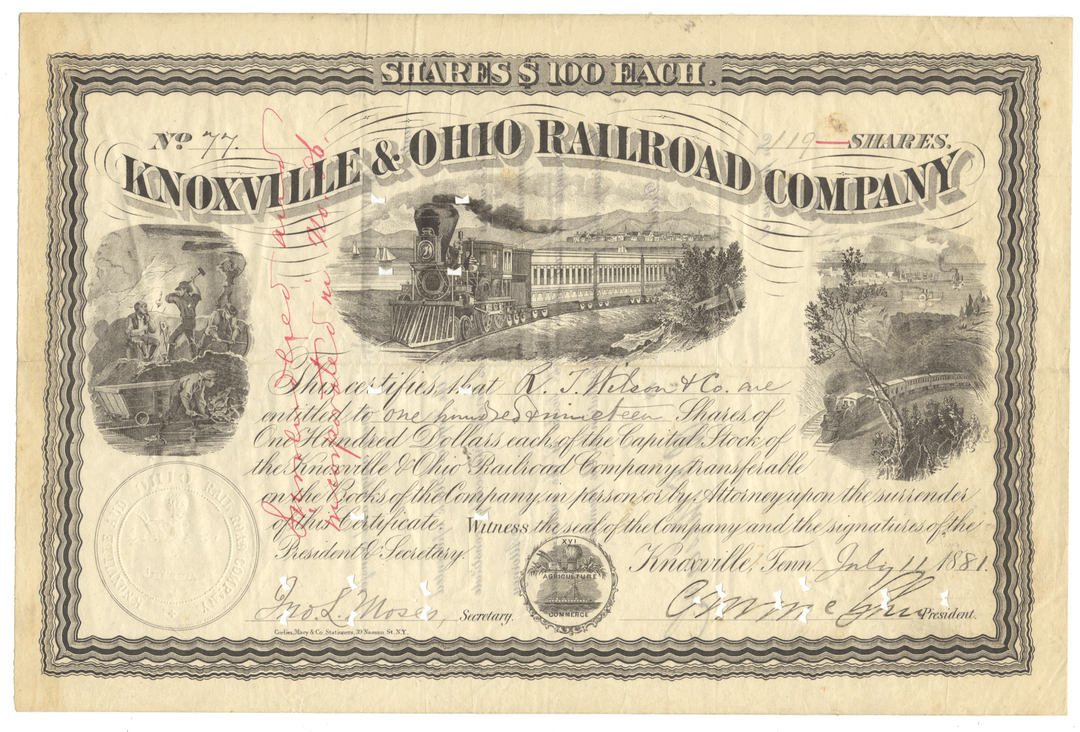 Historical stock certificate of the Knoxville & Ohio Railroad Company with scenic illustrations and text.
