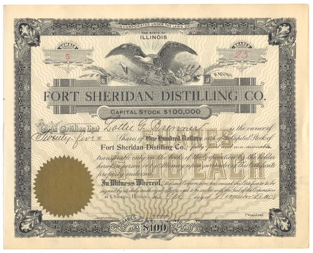 Fort Sheridan Distilling Co. Stock Certificate