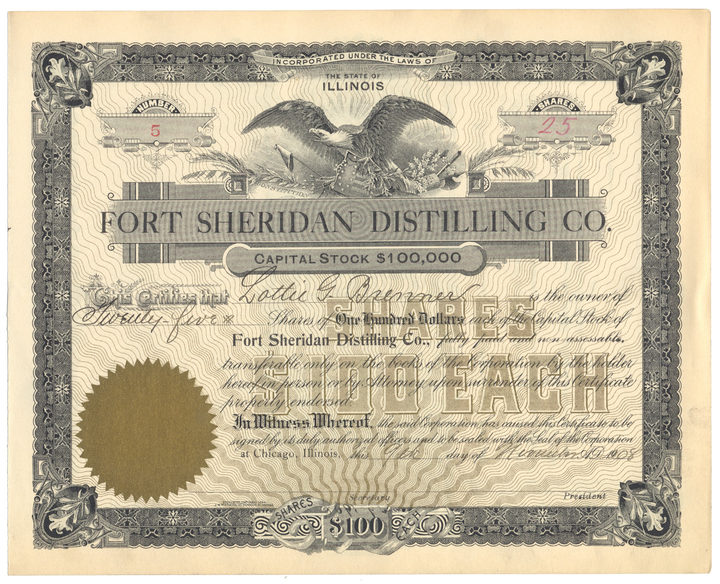 Fort Sheridan Distilling Co. Stock Certificate