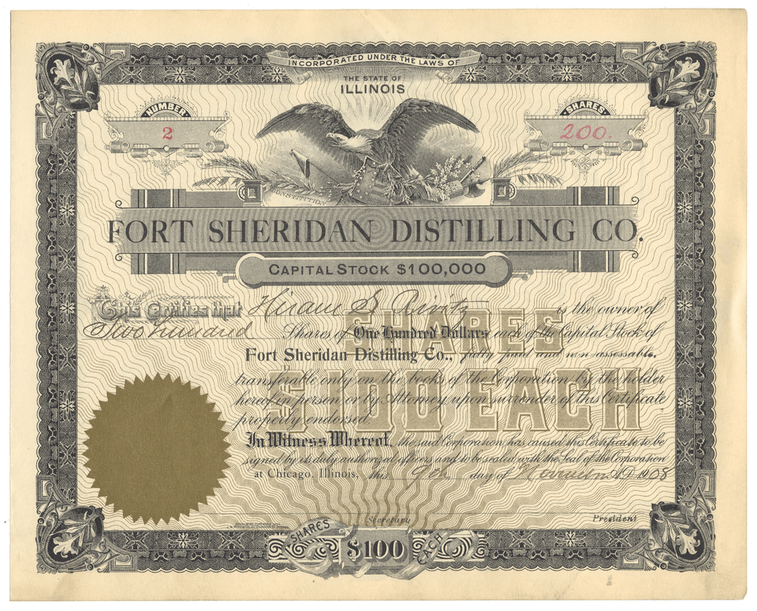 Fort Sheridan Distilling Co. Stock Certificate