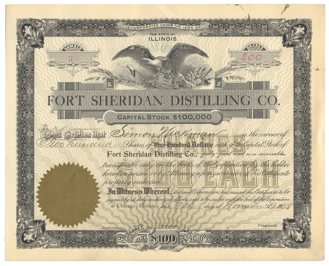 Vintage stock certificate for Fort Sheridan Distilling Co. with decorative elements.