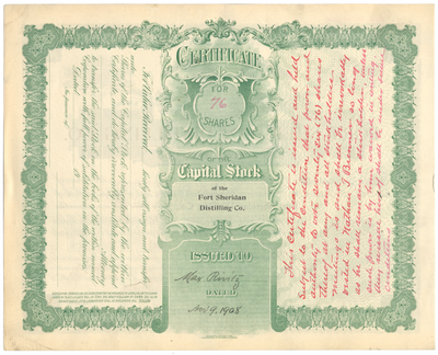 Fort Sheridan Distilling Co. Stock Certificate