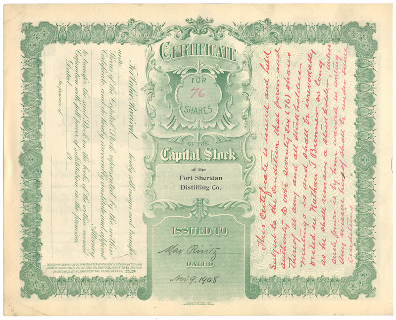 Fort Sheridan Distilling Co. Stock Certificate