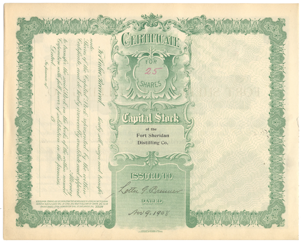 Fort Sheridan Distilling Co. Stock Certificate