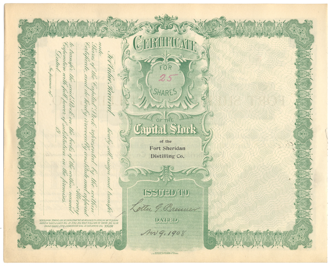 Fort Sheridan Distilling Co. Stock Certificate