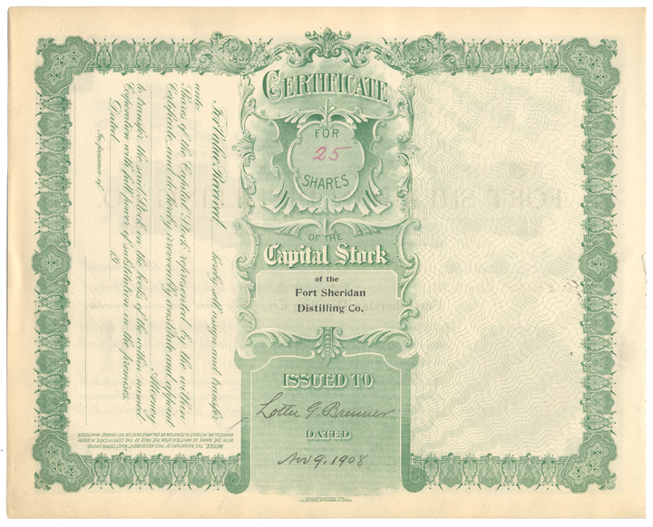 Fort Sheridan Distilling Co. Stock Certificate