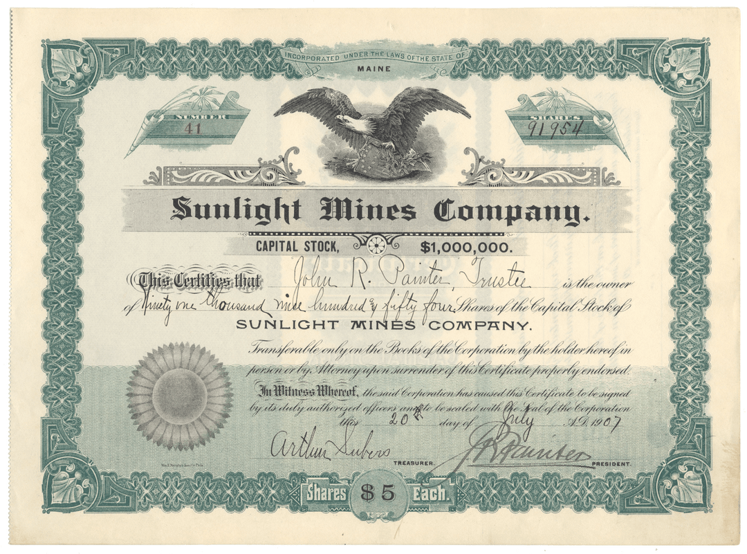 Sunlight Mines Company Stock Certificate