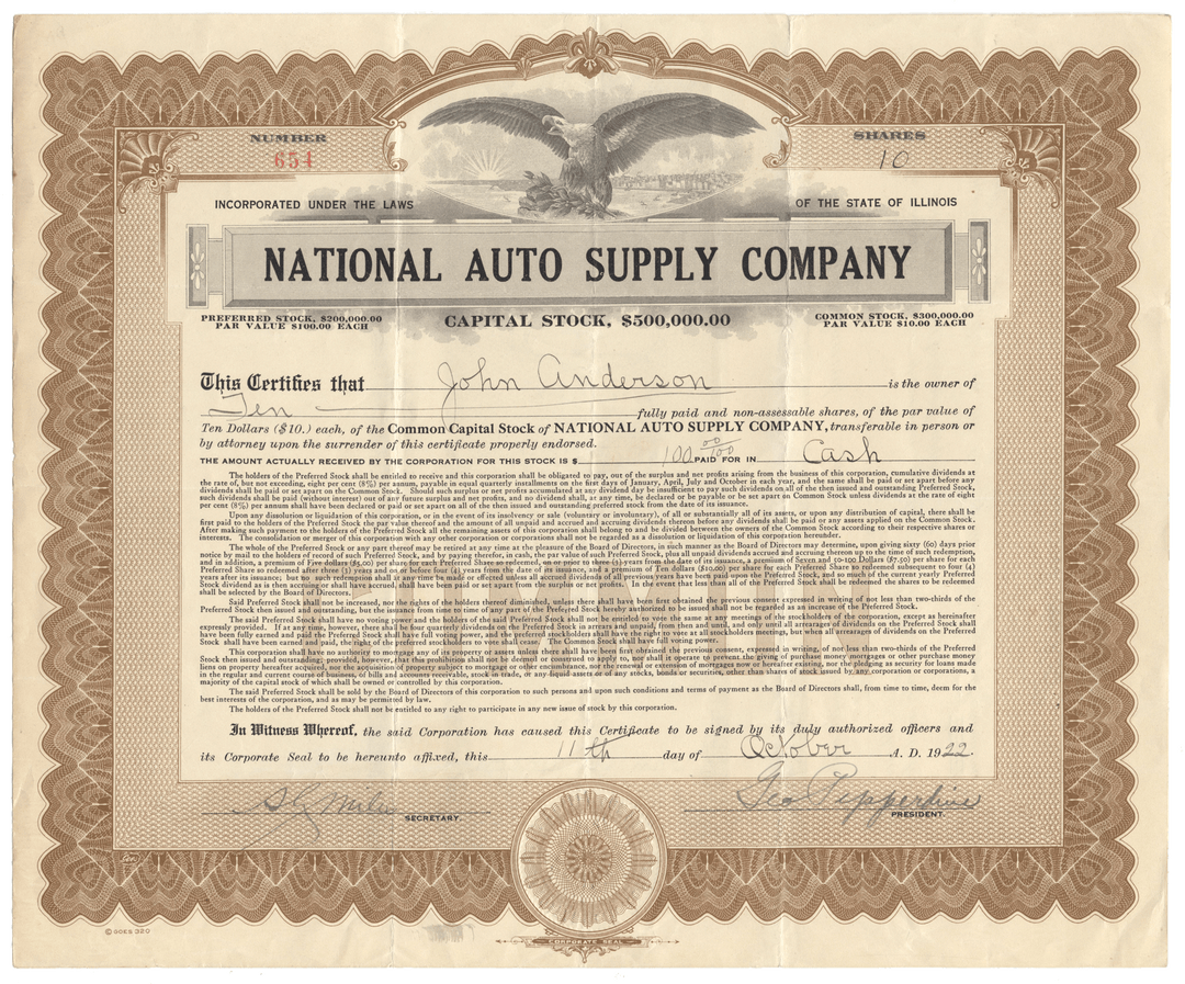 National Auto Supply Company Stock Certificate Signed by George Pepperdine