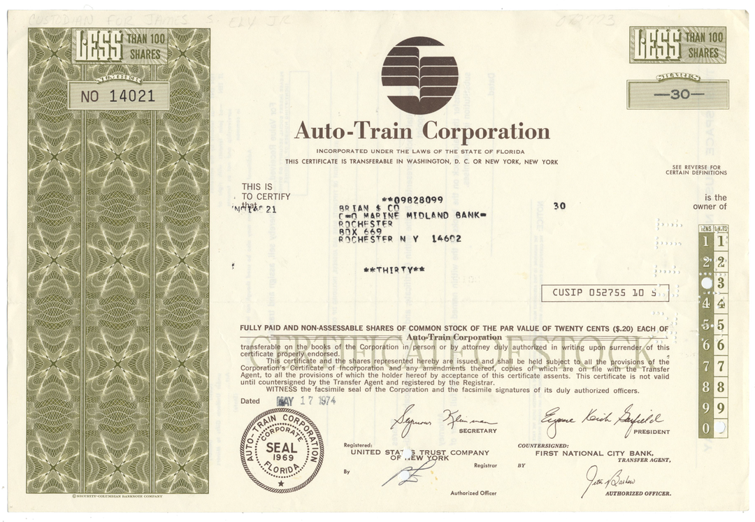 Auto-Train Corporation Stock Certificate