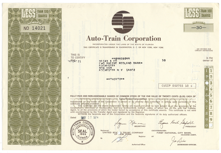 Auto-Train Corporation Stock Certificate