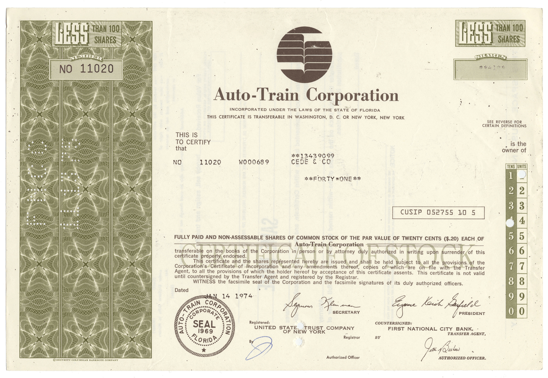 Auto-Train Corporation stock certificate with intricate design and text.