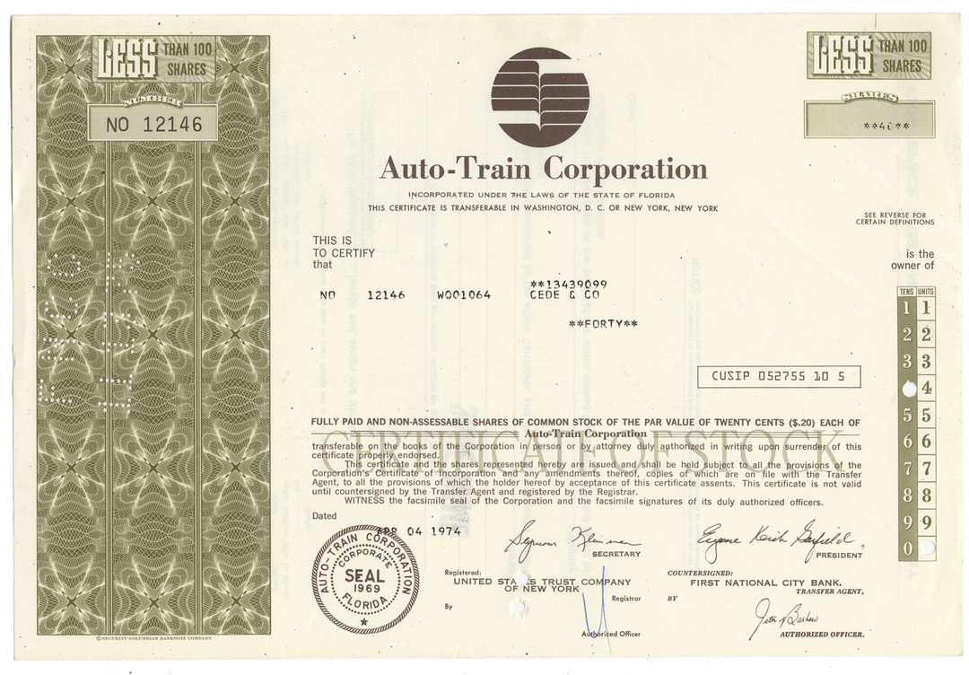 Auto Train Corporation stock certificate with intricate design and text.