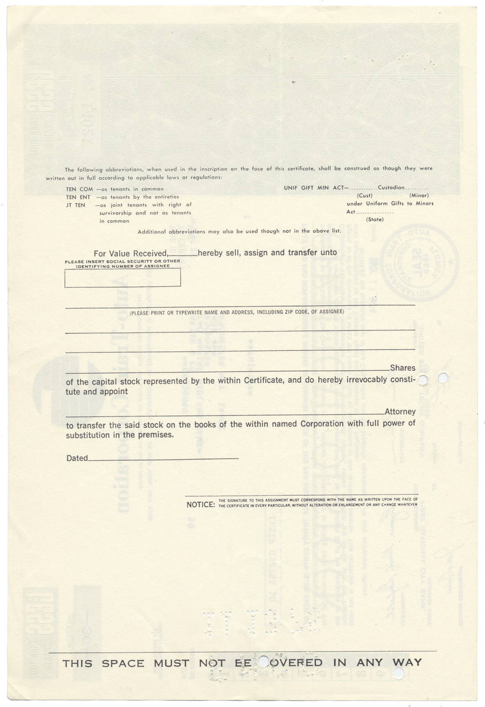 Auto-Train Corporation Stock Certificate