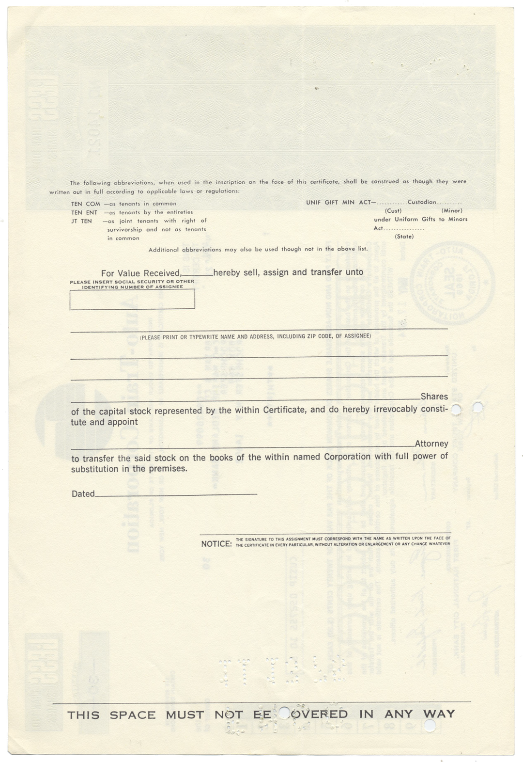 Auto-Train Corporation Stock Certificate