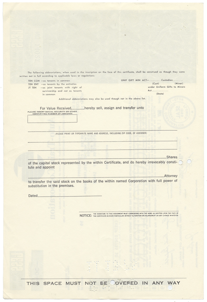 Auto-Train Corporation Stock Certificate