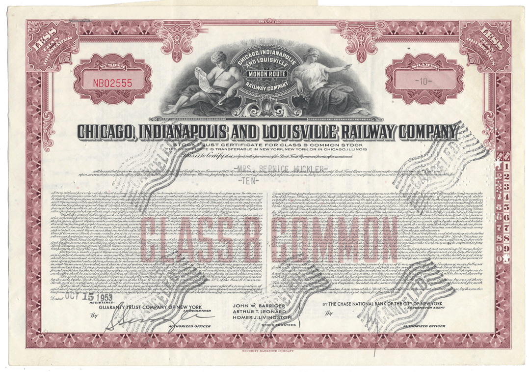 Vintage stock certificate for the Chicago, Indianapolis and Louisville Railway Company with decorative elements from 1953