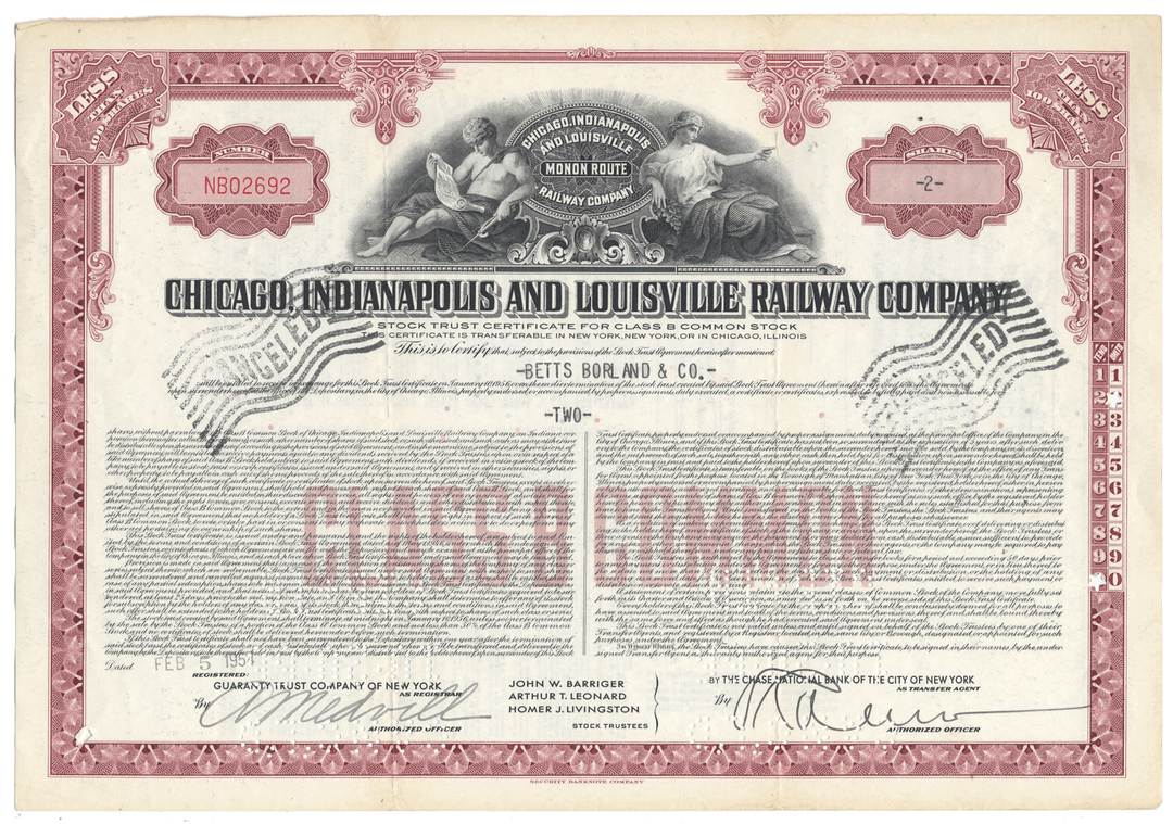 Historical stock certificate from the Chicago, Indianapolis and Louisville Railway Company (MONON) from 1954