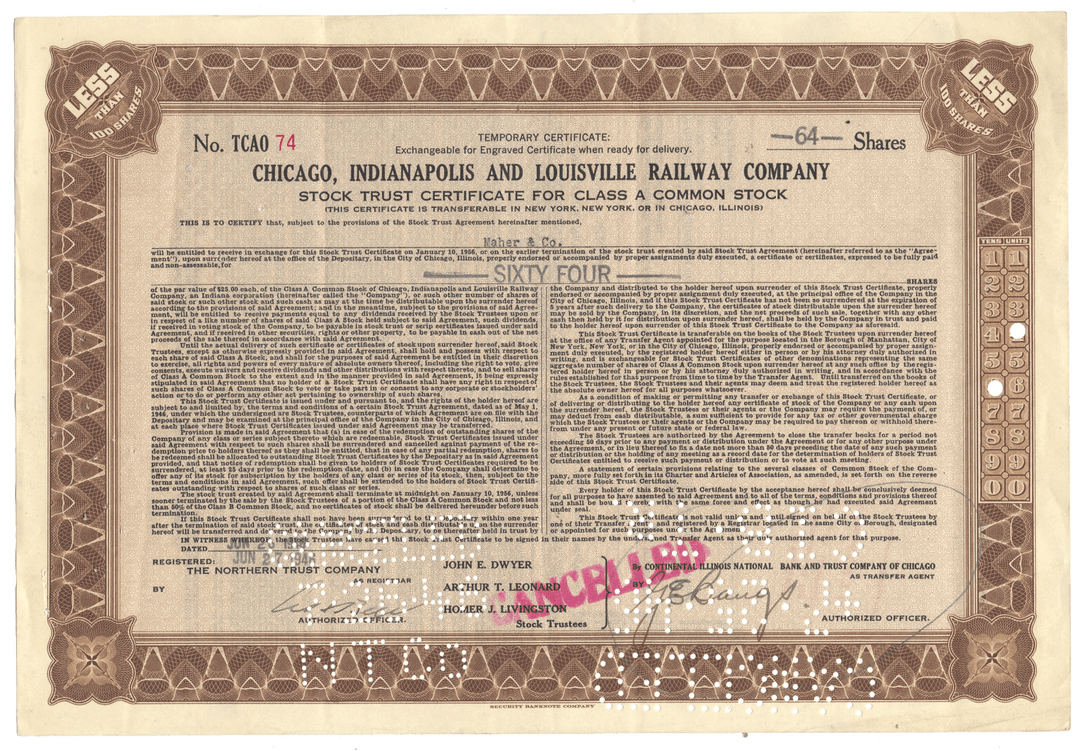 Chicago, Indianapolis and Louisville Railway Company Stock Certificate