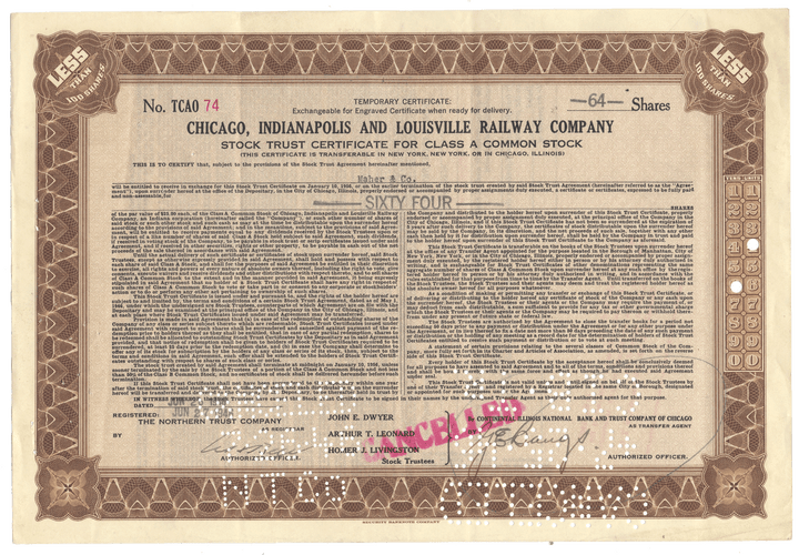 Chicago, Indianapolis and Louisville Railway Company Stock Certificate