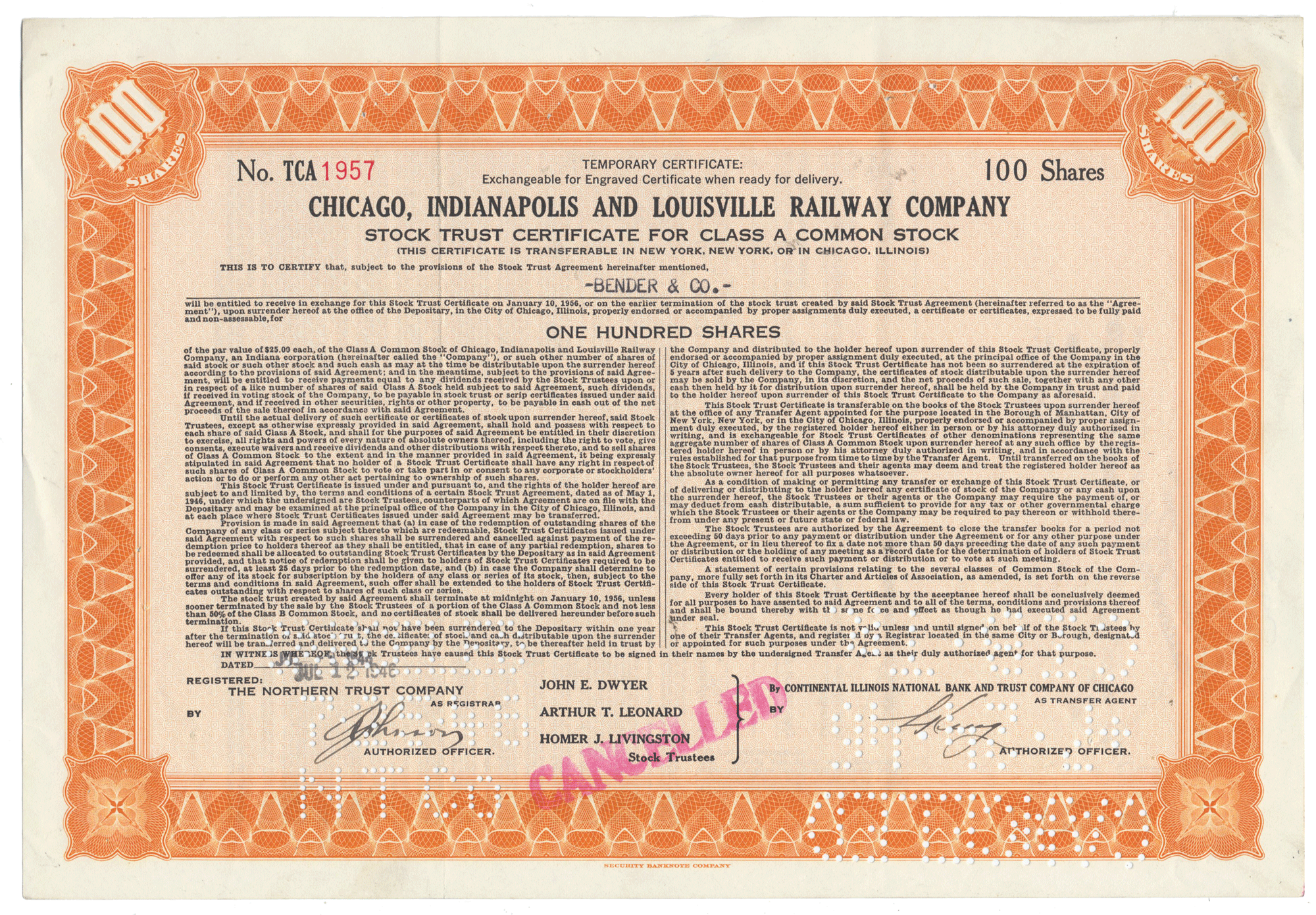Chicago, Indianapolis and Louisville Railway Company Stock Certificate
