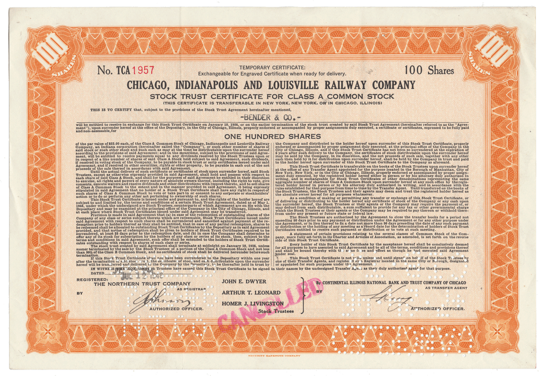 Chicago, Indianapolis and Louisville Railway Company Stock Certificate