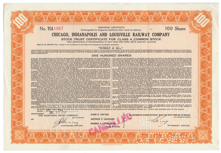 Chicago, Indianapolis and Louisville Railway Company Stock Certificate