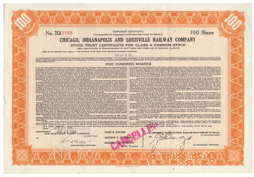 Chicago, Indianapolis and Louisville Railway Company Stock Certificate