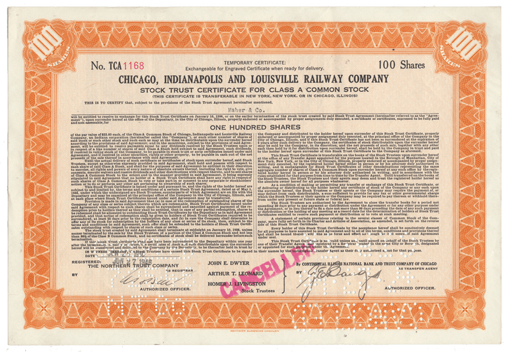 Chicago, Indianapolis and Louisville Railway Company Stock Certificate
