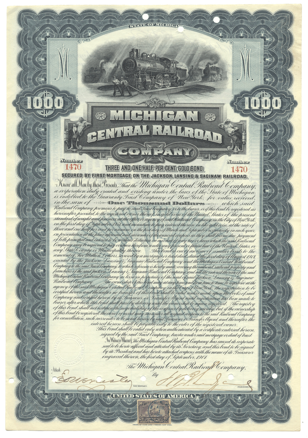 Michigan Central Railroad Company Bond Certificate dated 1909