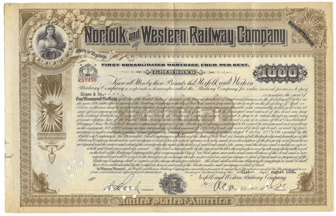 Norfolk and Western Railway Company bond certificate from 1932