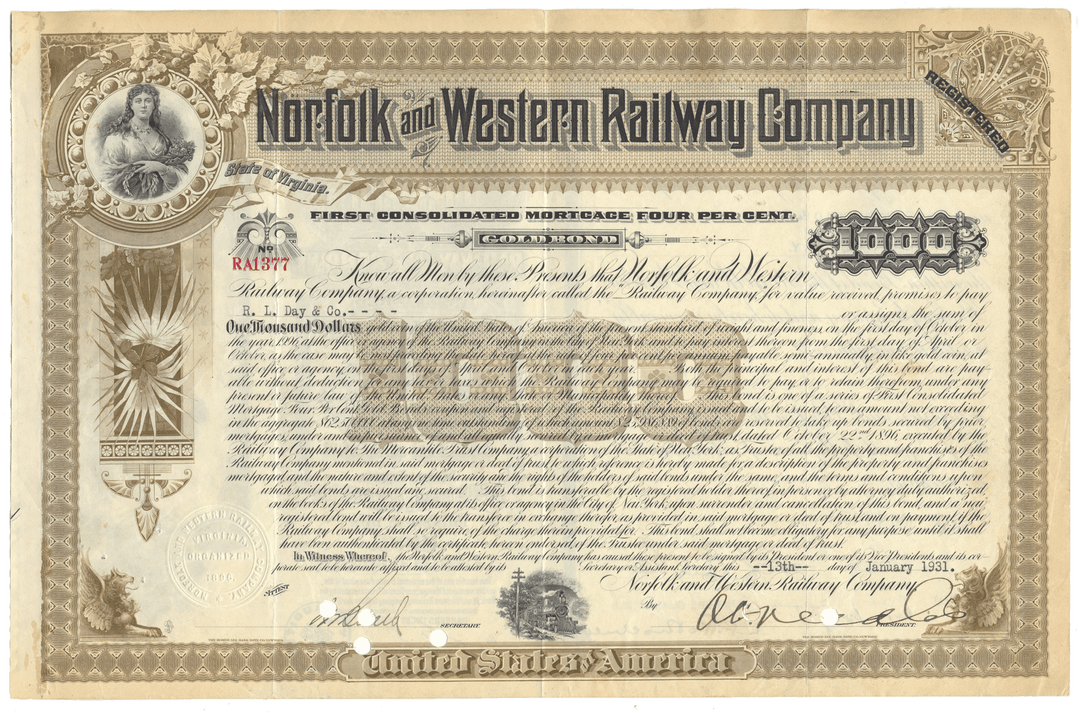 Vintage Norfolk and Western Railway Company bond certificate with decorative elements from 1931