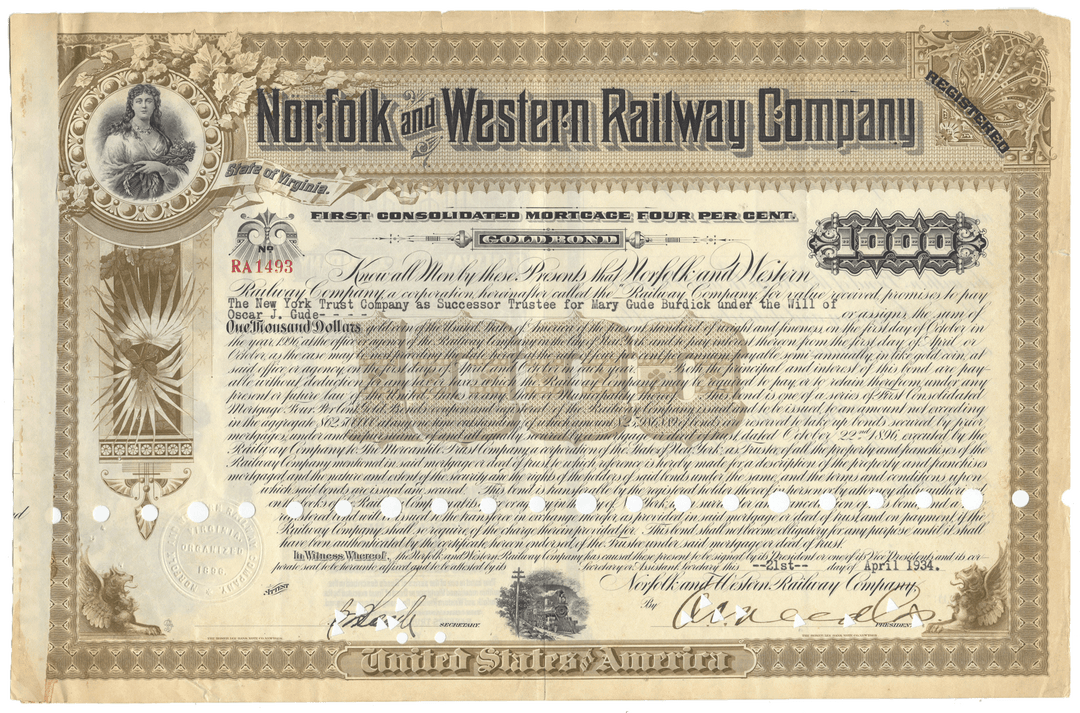 Norfolk and Western Railway Company bond certificate from 1934