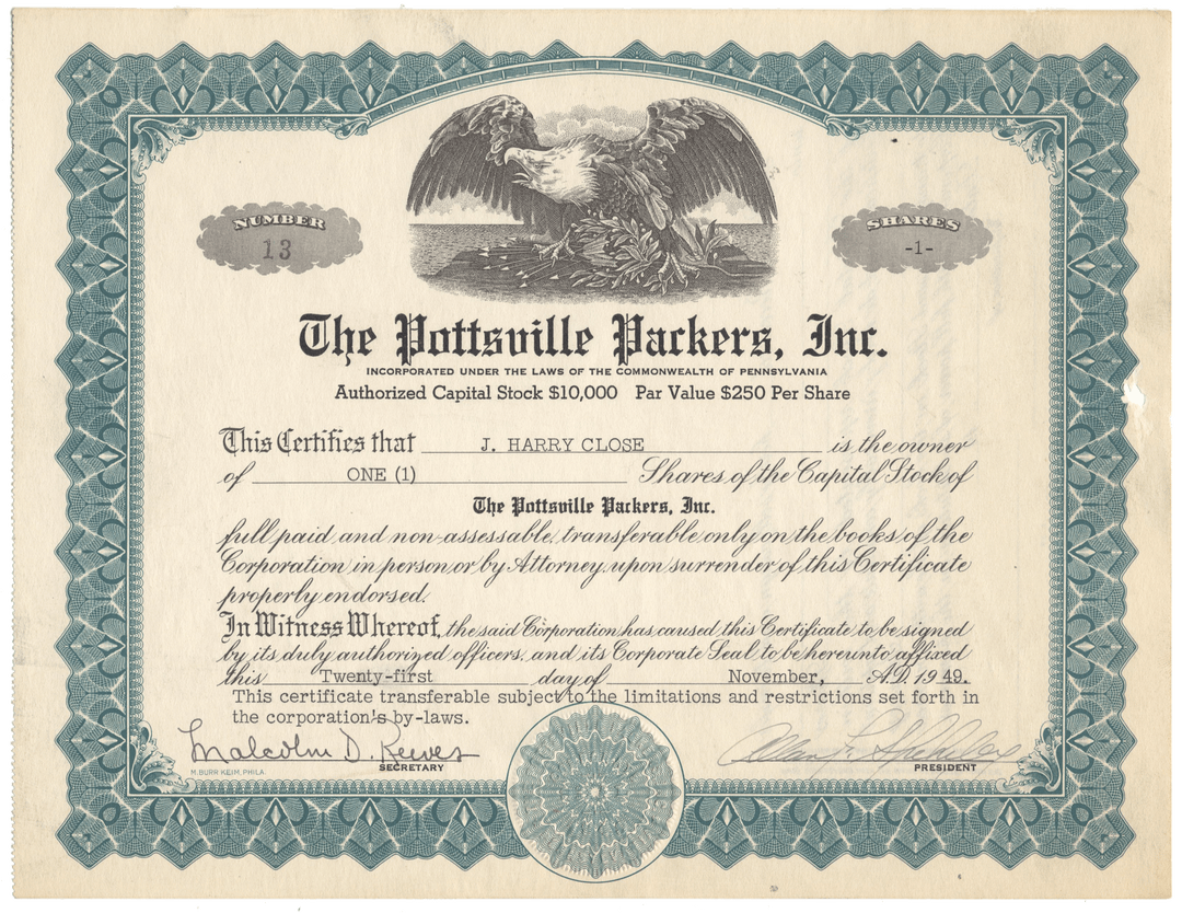 Pottsville Packers, Inc. (Basketball) antique stock certificate from 1949