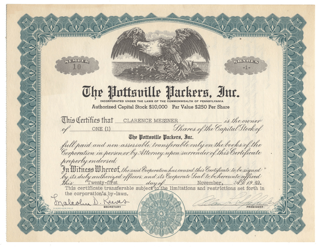 Stock certificate for The Pottsville Packers, Inc. with an eagle emblem from 1949.