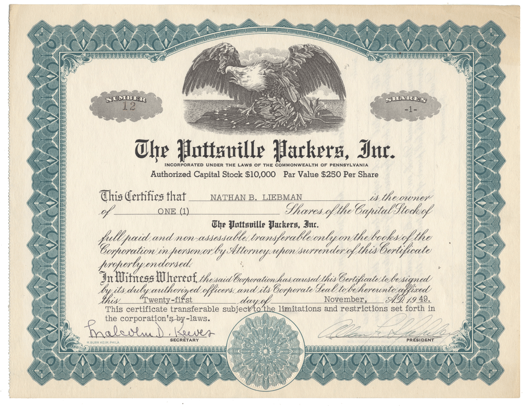 Vintage stock certificate for The Pottsville Packers, Inc. with an eagle emblem from 1949