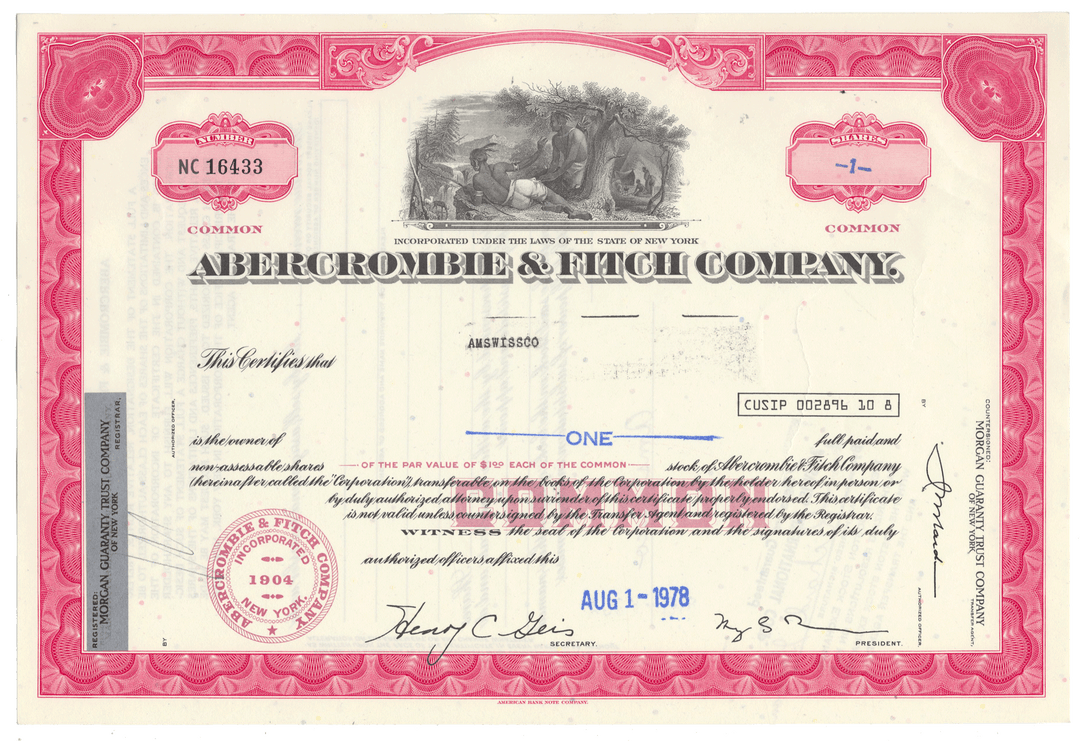 Abercrombie & Fitch Company stock certificate from 1978