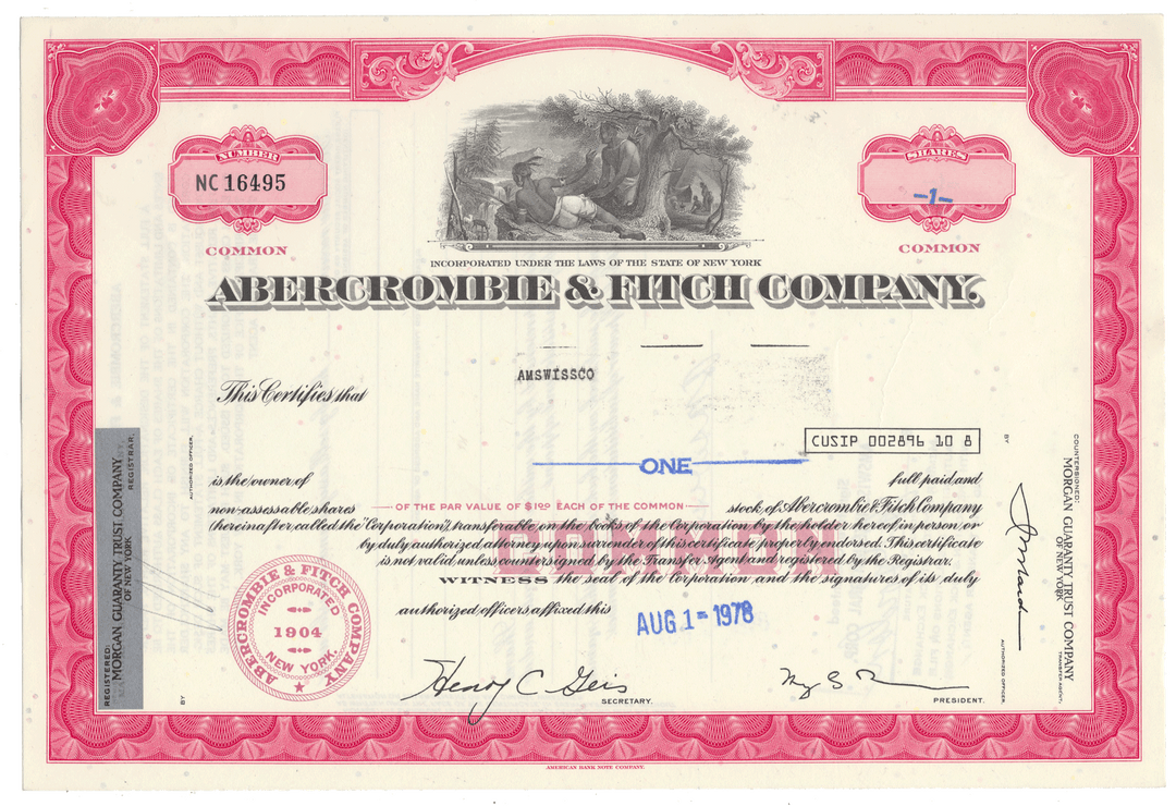 Vintage stock certificate for Abercrombie & Fitch Company