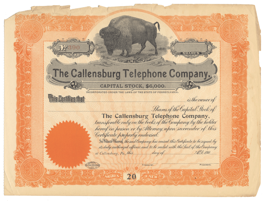 Vintage stock certificate for The Callensburg Telephone Company with a buffalo illustration.