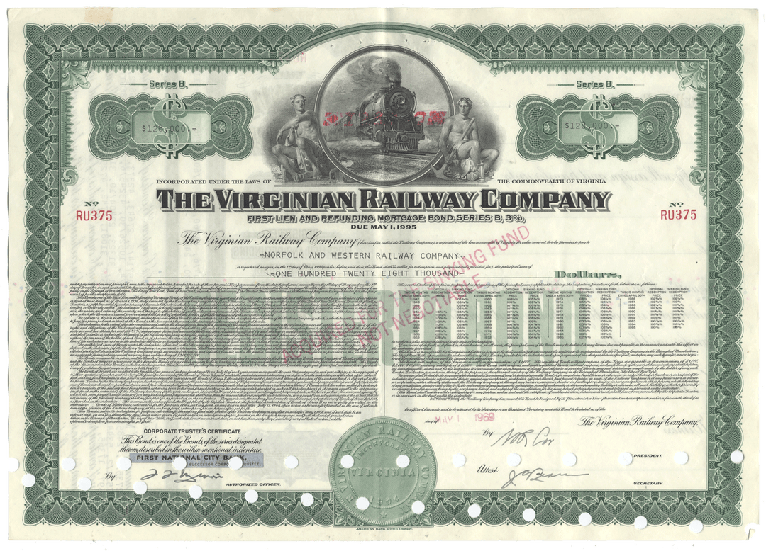 Bond certificate of The Virginian Railway Company from 1969