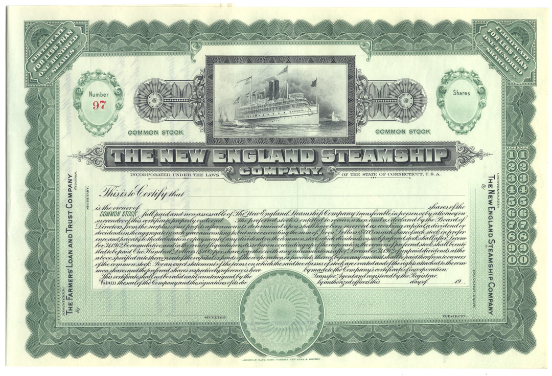 New England Steamship Company Stock Certificate